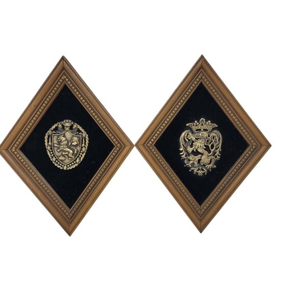Vintage 60-70s Ornate Wall Plaque Crest Velvet Bronze Set MCM Whimsigoth Trinket - Picture 1 of 7